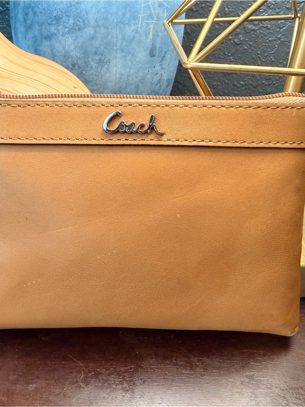 Coach Tan Leather Wristlet with Silver Logo - No Strap
